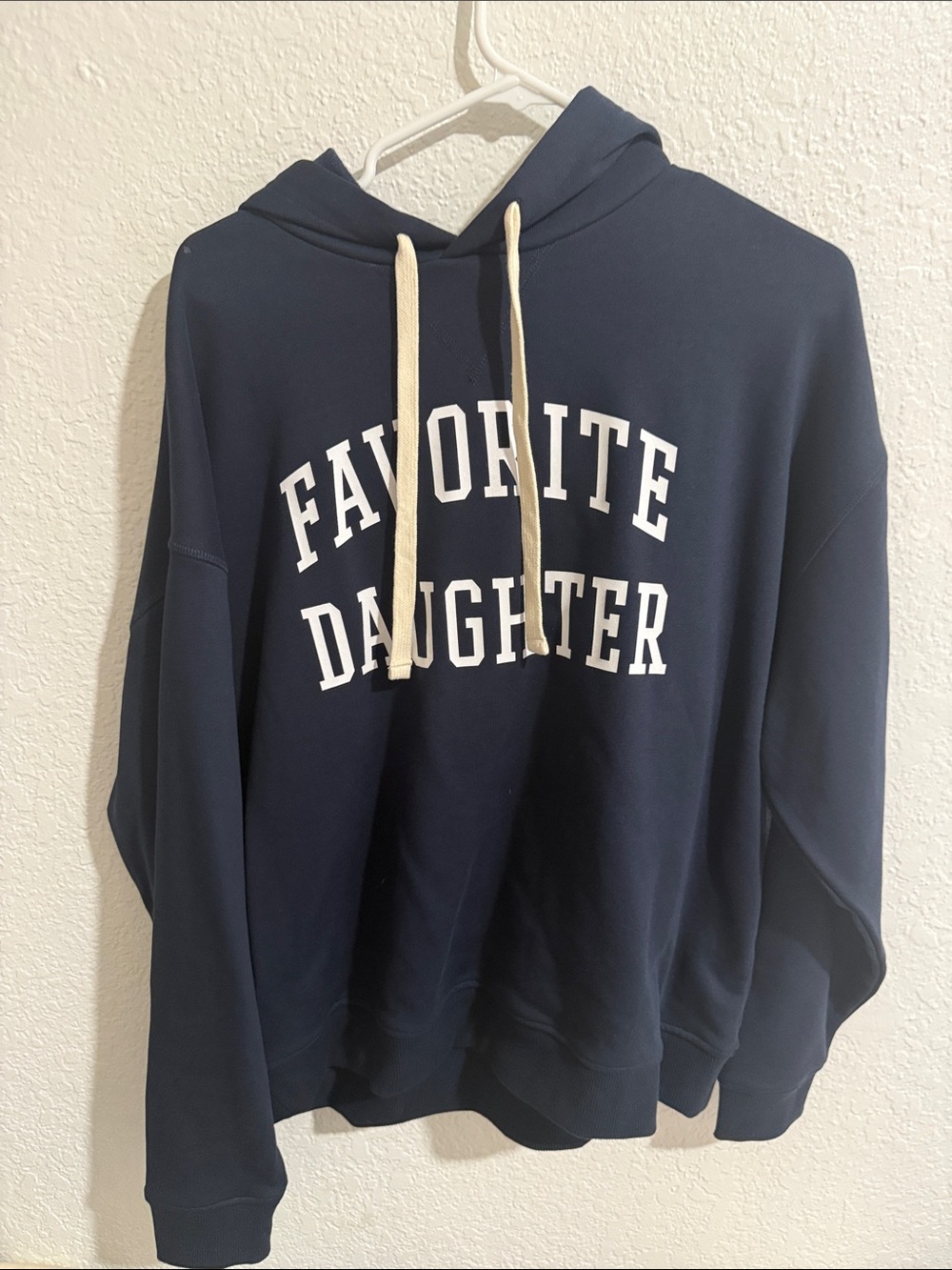 Favorite Daughter Navy Blue Hoodie with White Logo and Cream Drawstrings